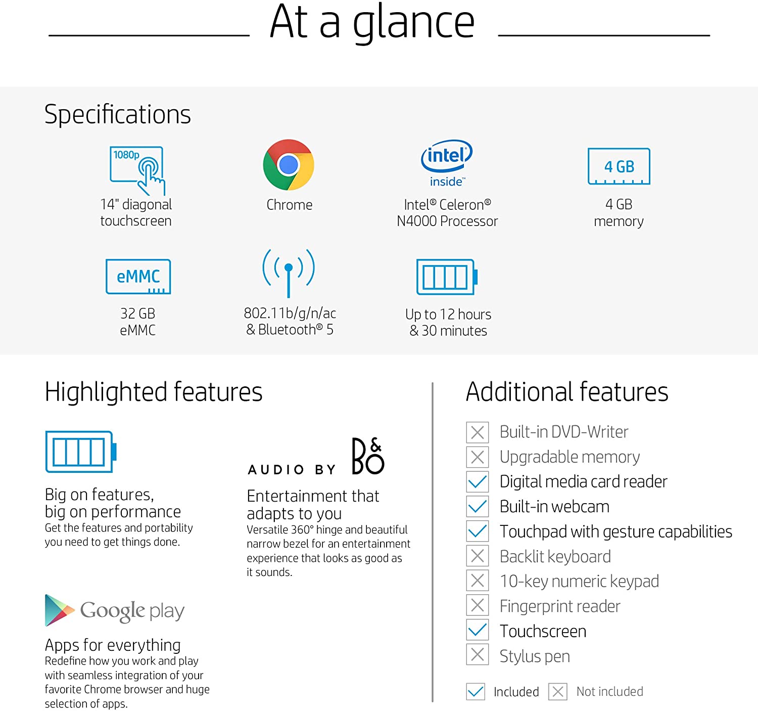 HP Chromebook X360 14-Inch HD Touchscreen Laptop, Intel Celeron N4000, 4 GB RAM, 32 GB eMMC, Chrome (14b-ca0010nr, Ceramic White/Mineral Silver) HP Chromebook X360 14-Inch HD Touchscreen Laptop, Intel Celeron N4000, 4 GB RAM, 32 GB eMMC, Chrome (14b-ca0010nr, Ceramic White/Mineral Silver)
